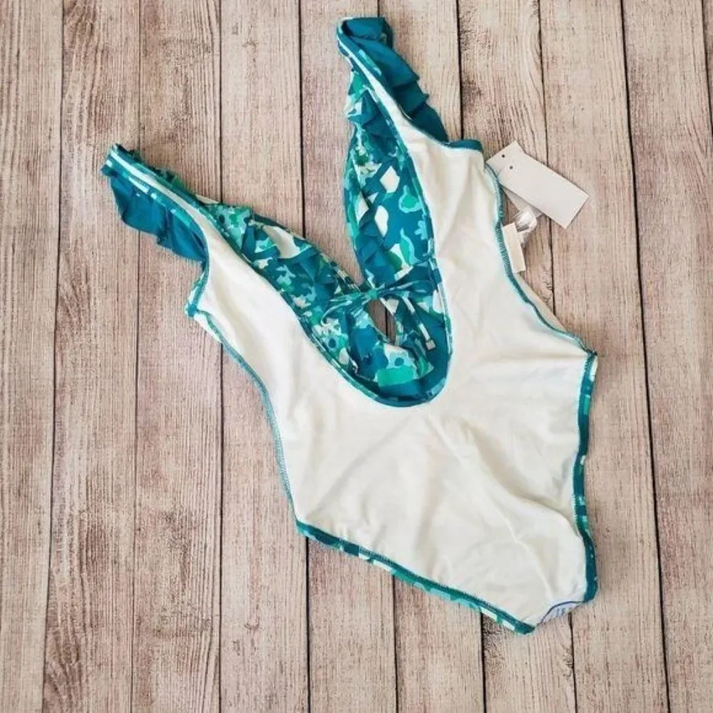 Michael Kors Aqua Blue Floral Plunging Neckline One-Piece Swimsuit Women's